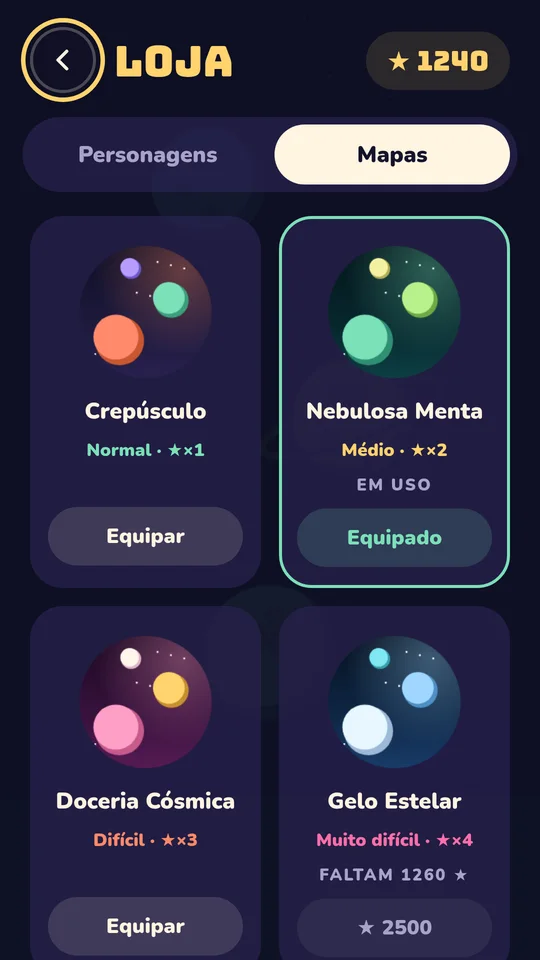 Loja de mapas com a dificuldade e o valor das estrelas de cada um